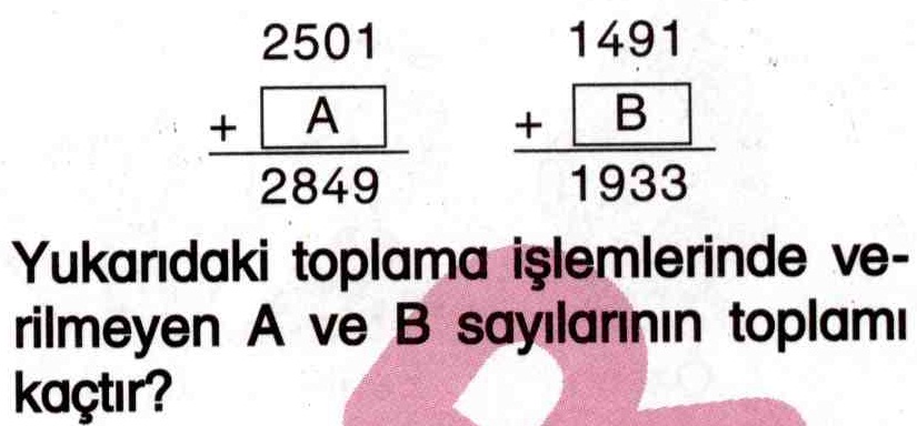 Bilinmeyen sayılarla toplama işlemi ile ilgili soru