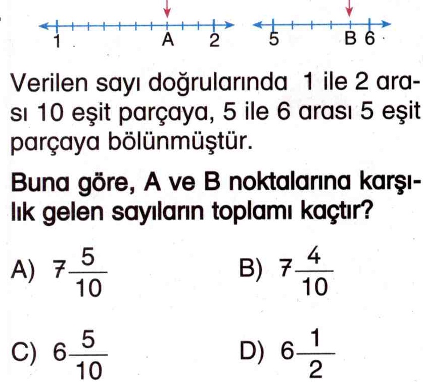 Kesirlerin sayı doğrusu üzerinde sıralanışı ile ilgili soru