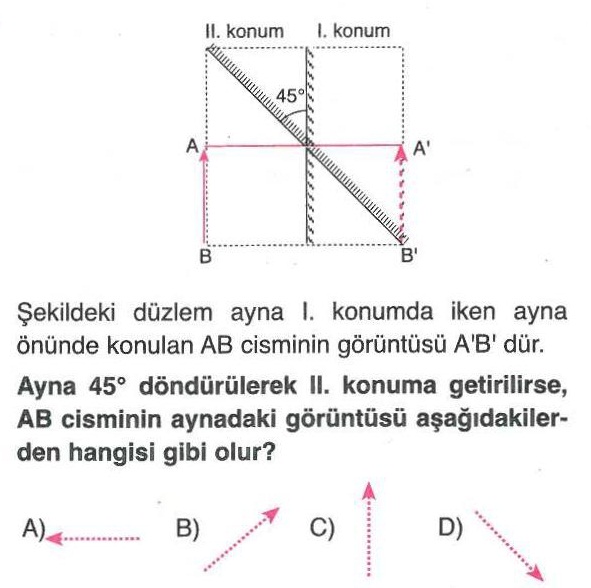 45 derece döndürülen aynada cismin görüntüsü ile ilgili soru