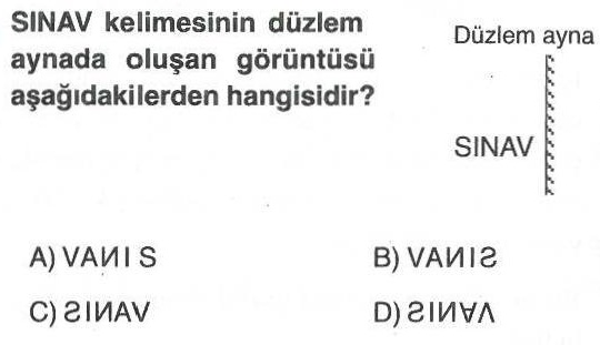 SINAV kelimesinin düzlem aynadaki yansıması ile ilgili soru